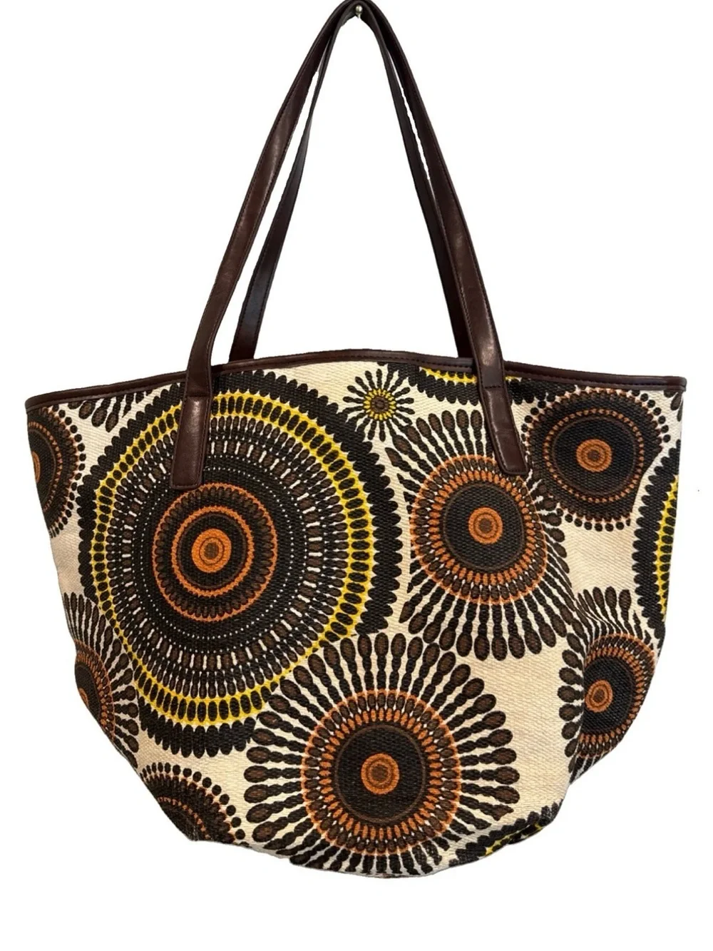 Neiman Marcus Large Straw Tote in Brown, Orange and Yellow Sunburst Print